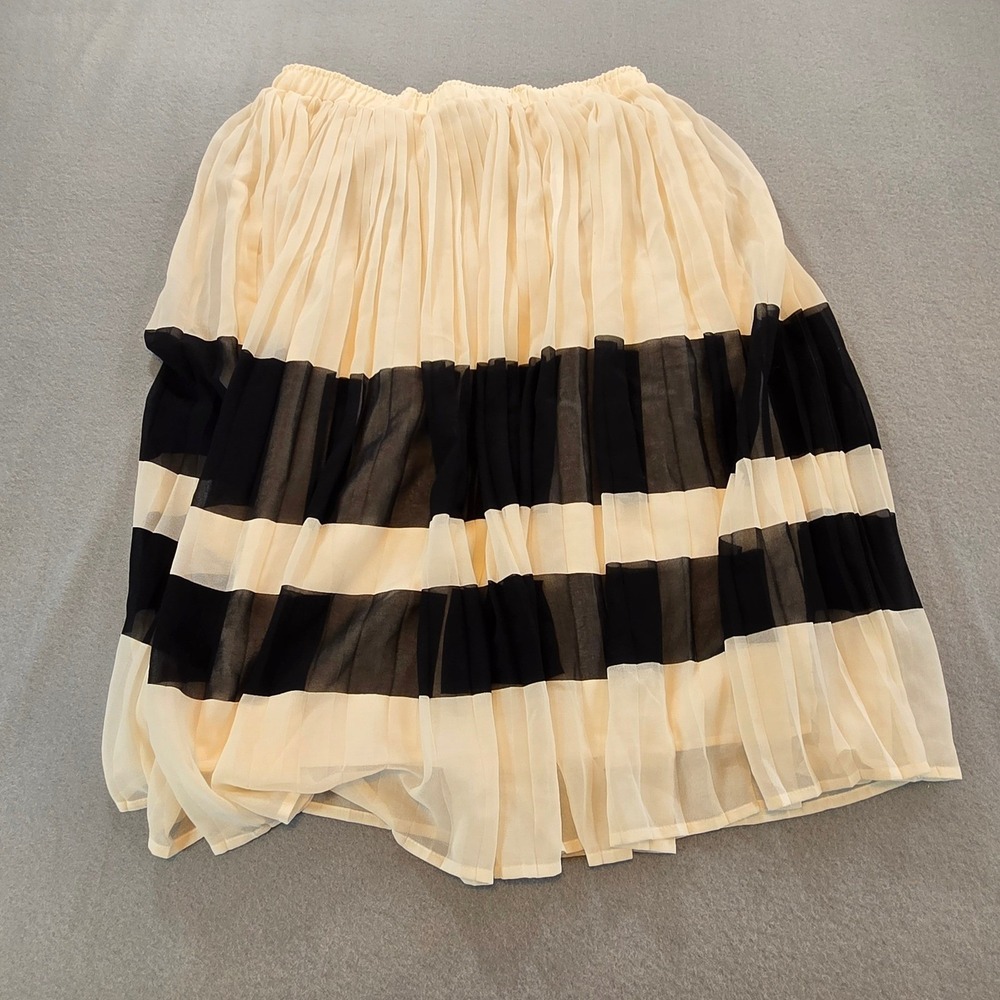 Who What Wear Pleated Midi Skirt Womens Medium Cream Black Striped Elastic Waist - Picture 2 of 6